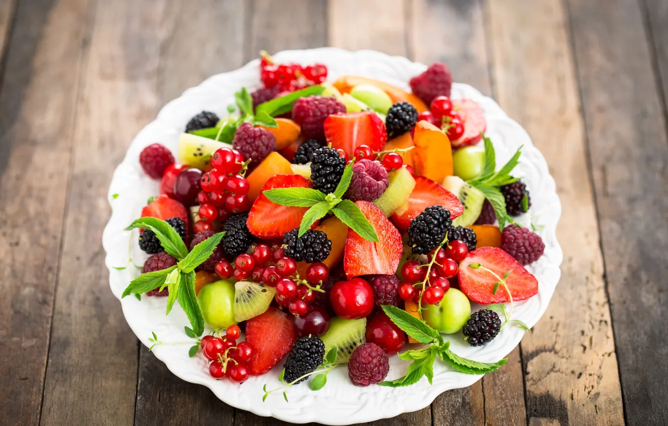 Photo wallpaper cherry, berries, raspberry, kiwi, strawberry, plate, fresh, currants