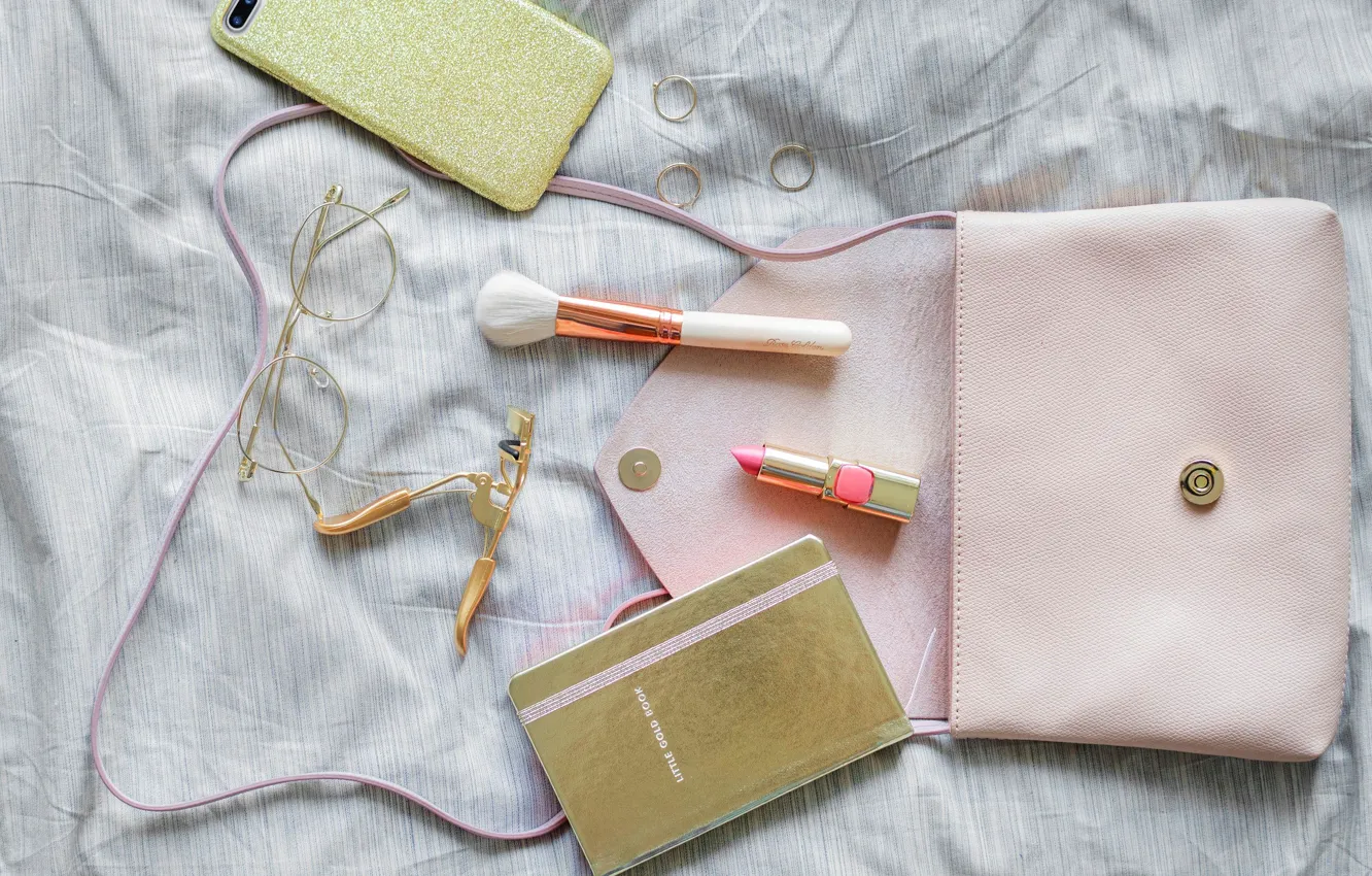Photo wallpaper lipstick, glasses, Notepad, brush, phone, bag