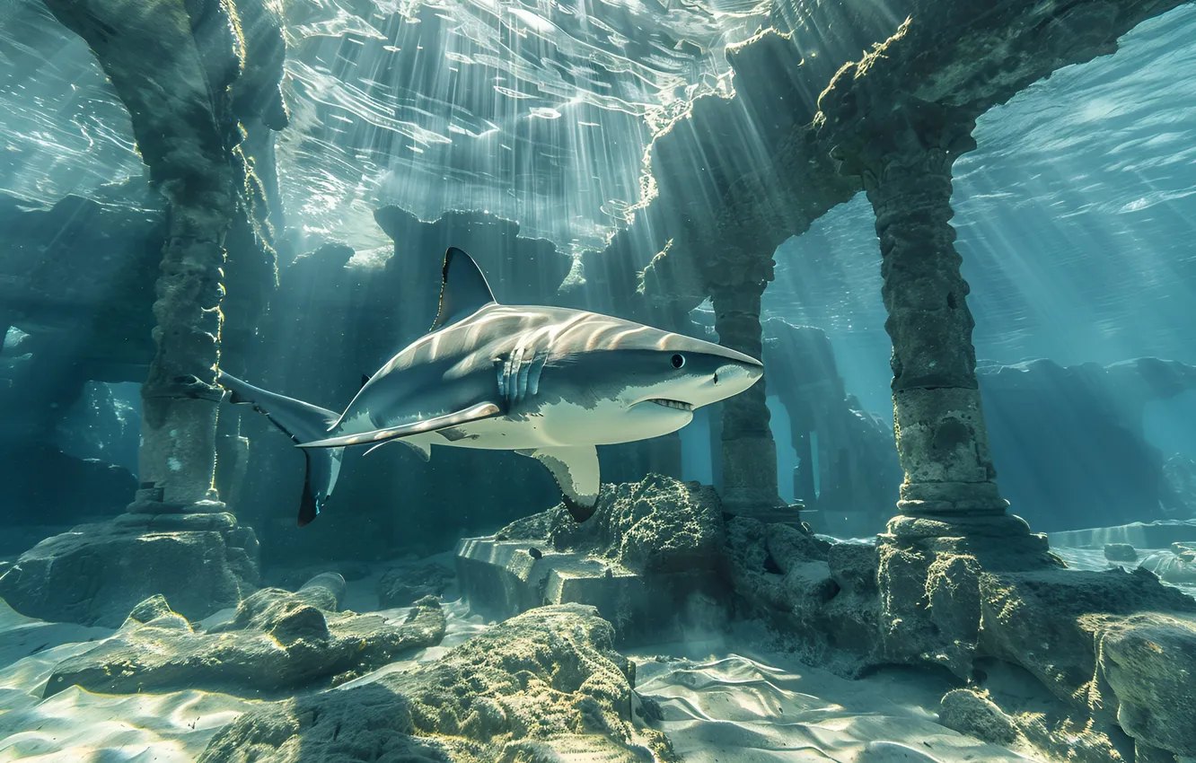 Photo wallpaper predator, shark, columns, ruins, underwater world, digital art, AI art, The Art of Artificial Intelligence