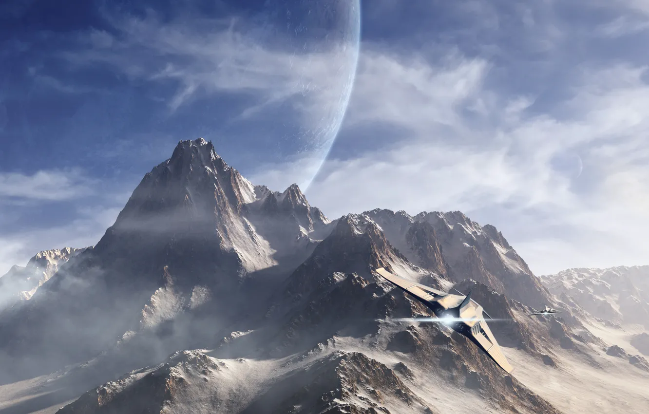 Photo wallpaper snow, flight, mountains, fiction, tops, planet, art, the plane
