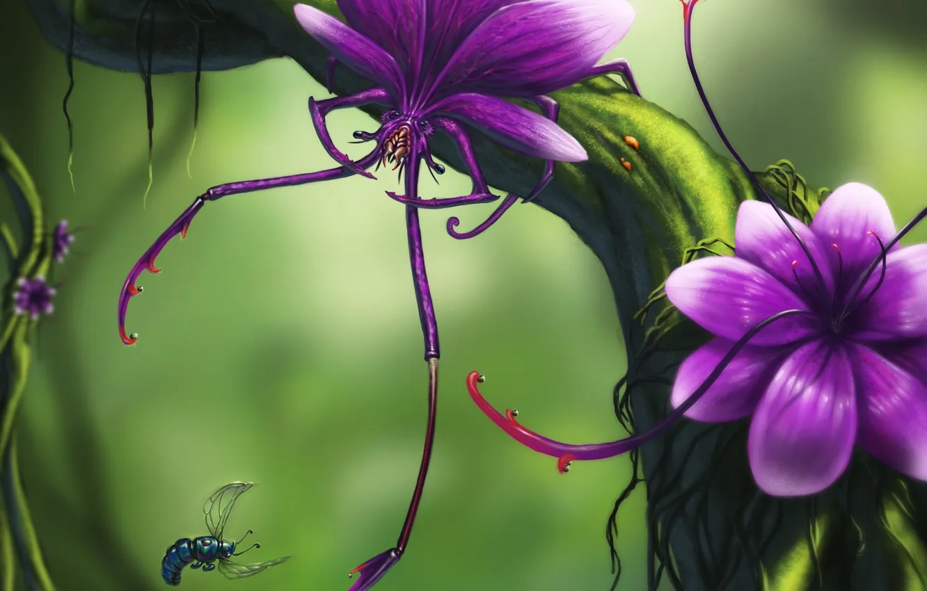 Photo wallpaper trees, flowers, branches, fly, monster, predator, art, insect