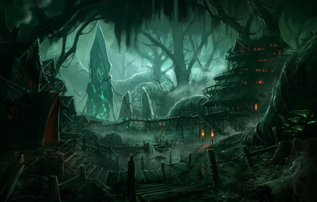 Photo wallpaper night, boat, swamp, home, art, settlement