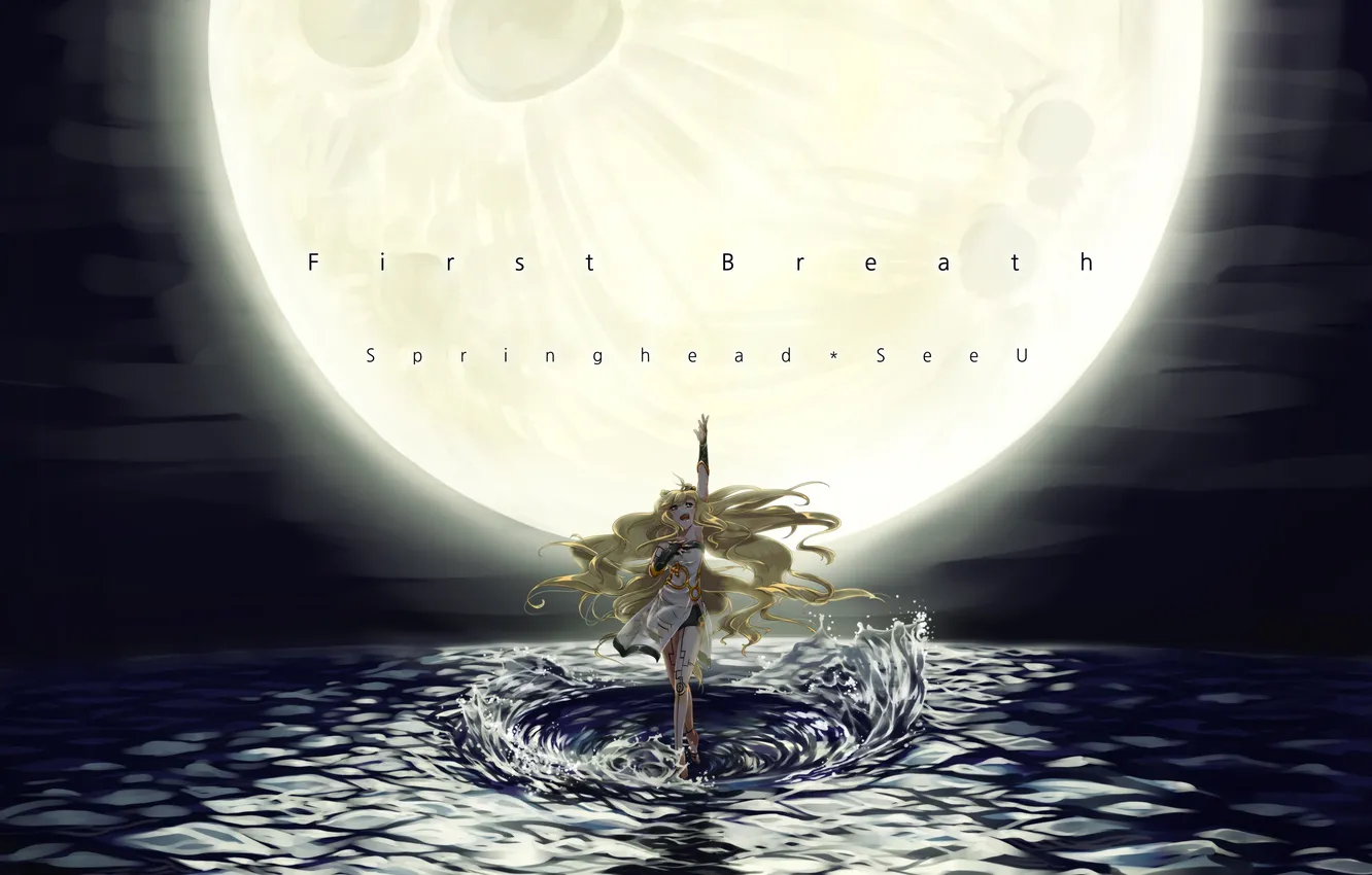 Photo wallpaper water, girl, night, the moon, hands, art, vocaloid, Vocaloid