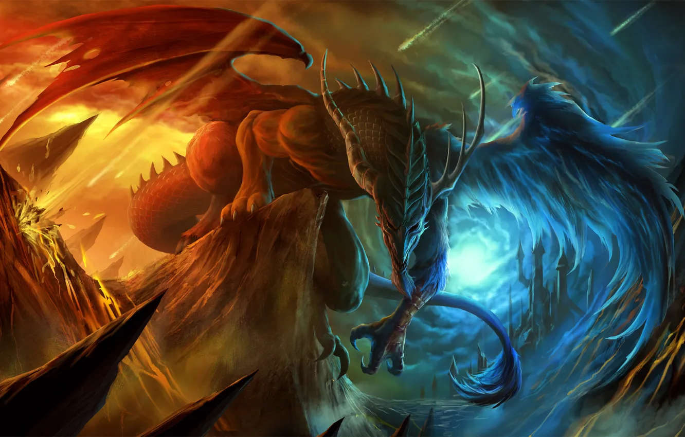 Photo wallpaper the sky, clouds, mountains, lights, rocks, dragon, wings, art