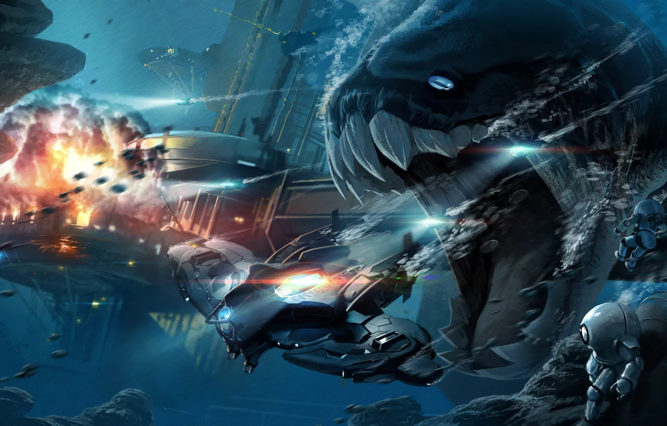 Photo wallpaper the explosion, ship, monster, chase, mouth