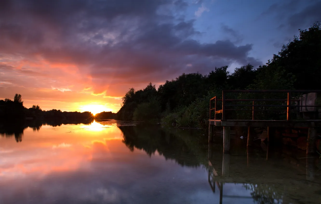 Photo wallpaper landscape, sunset, bridge, river