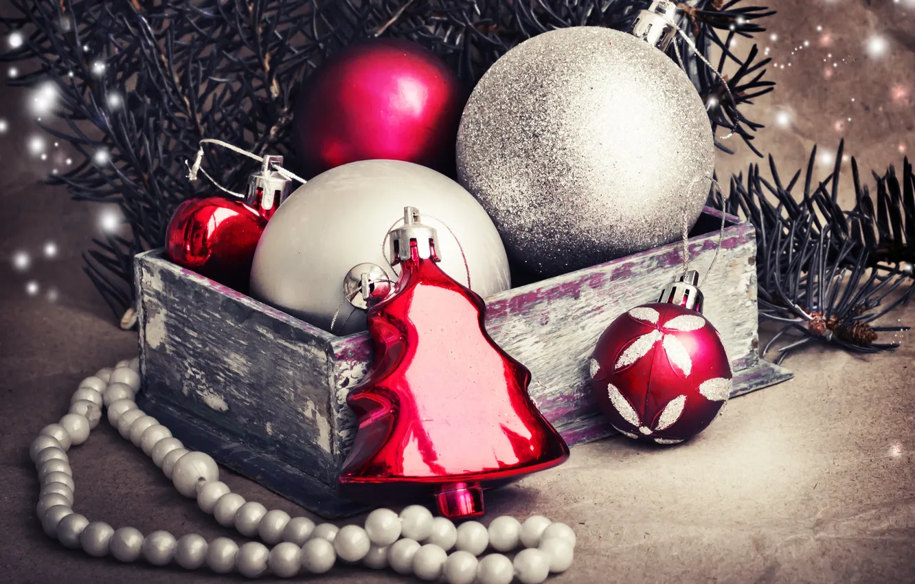 Photo wallpaper winter, balls, branches, red, holiday, box, toy, new year