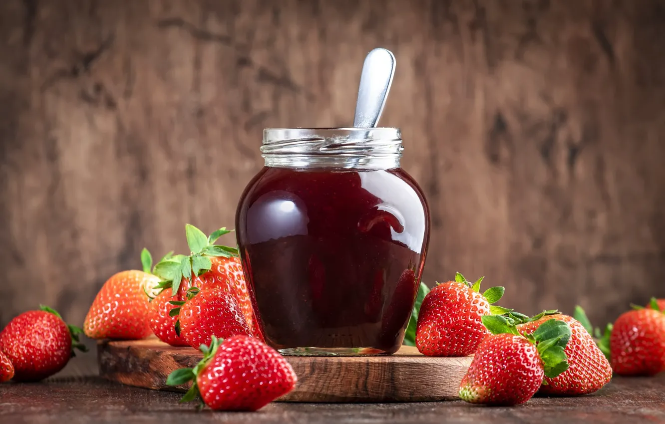 Photo wallpaper berries, strawberry, spoon, Bank, stand, jam, strawberry