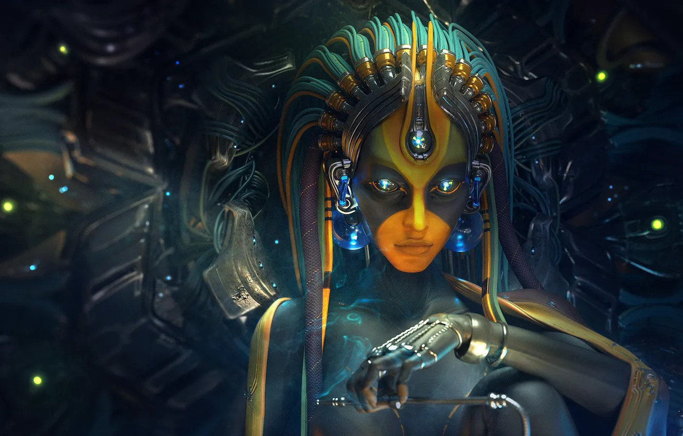 Photo wallpaper Girl, Robot, Wire, Art, Robot, Fiction, Rendering, Characters