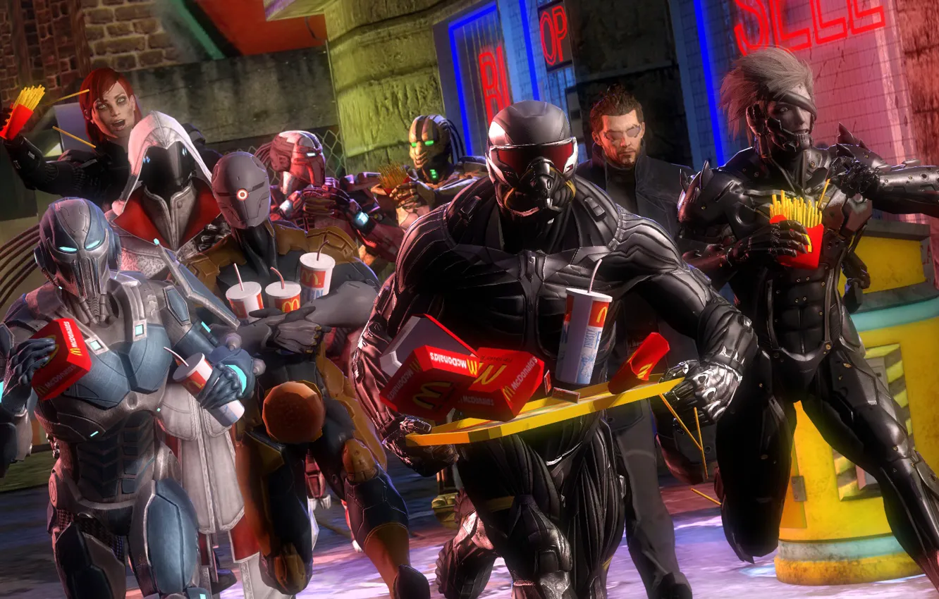 Photo wallpaper Crysis, mass effect, smoke, art, Deus Ex: Human Revolution, Assassin's Creed, nanosuit, Adam Jensen