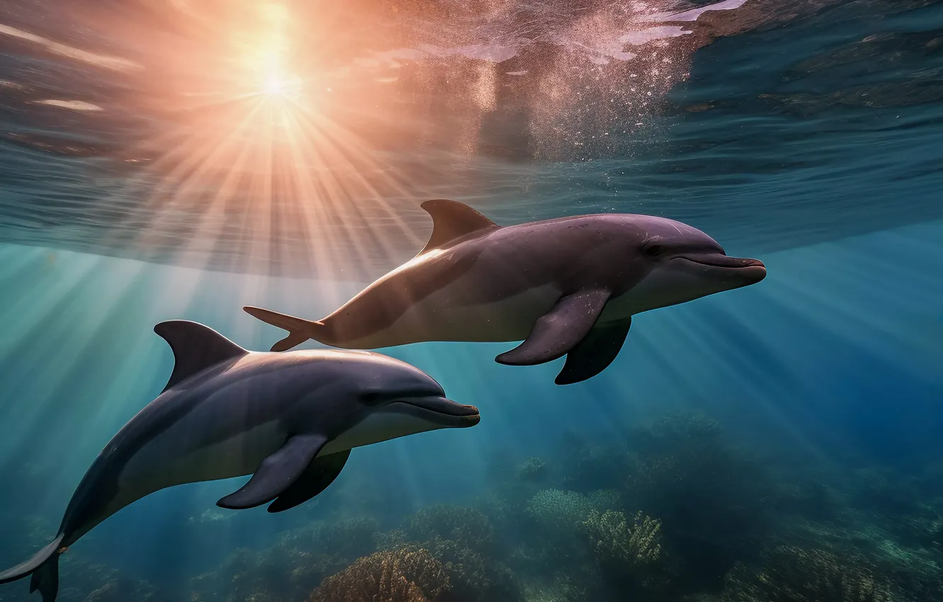 Photo wallpaper corals, dolphins, two, underwater world, the rays of the sun, digital art, AI art, The …