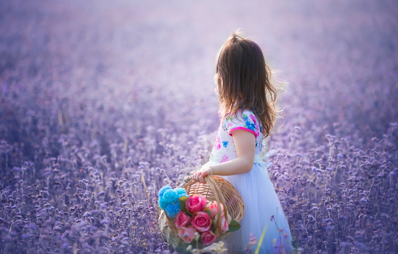 Photo wallpaper flowers, mood, meadow, girl, basket