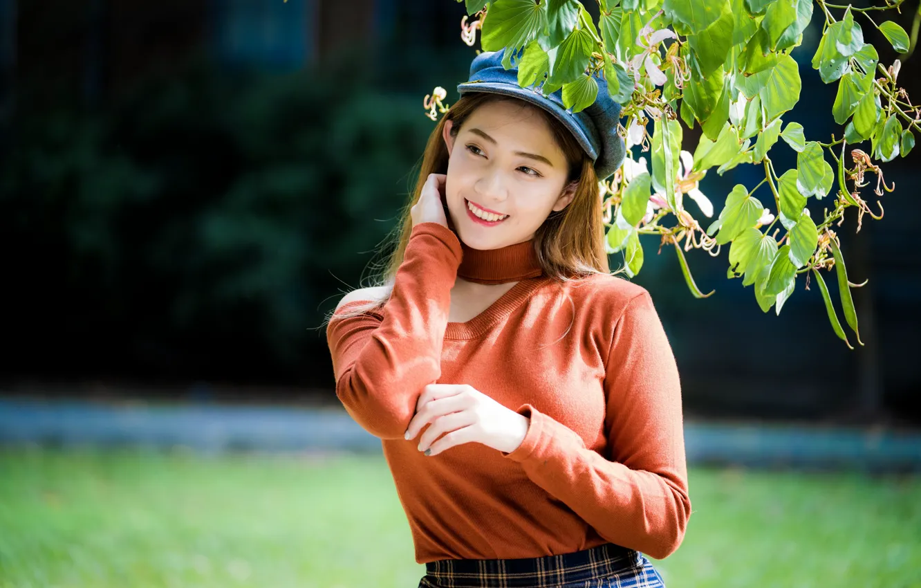 Photo wallpaper girl, cap, Asian, sweater