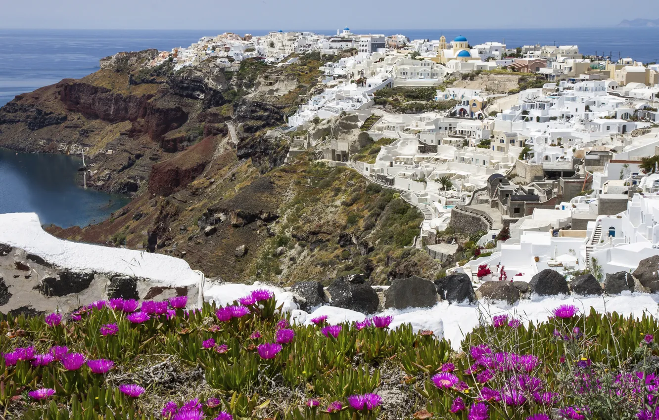 Photo wallpaper flowers, the city, shore, island, building, home, Santorini, Greece