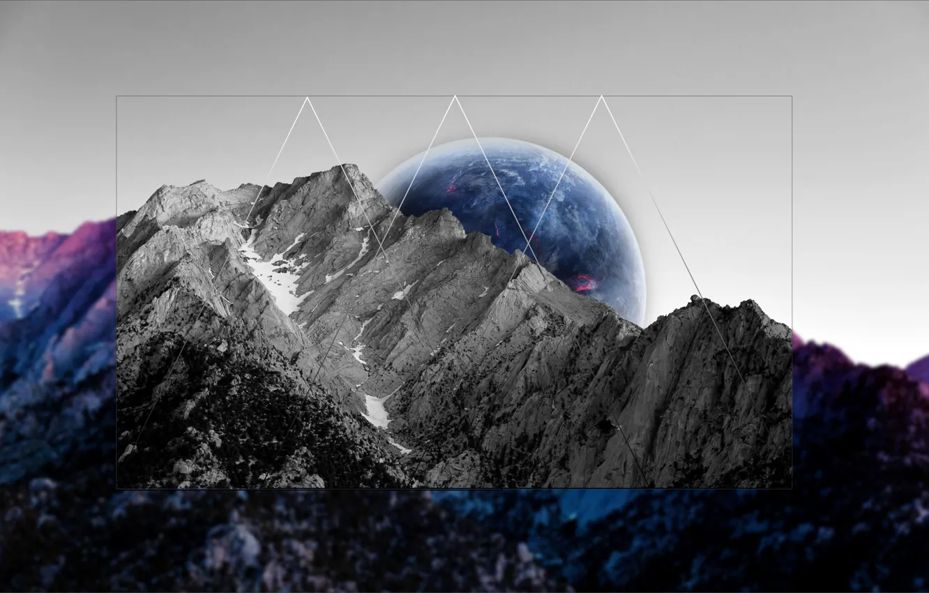 Photo wallpaper mountains, planet, black and white