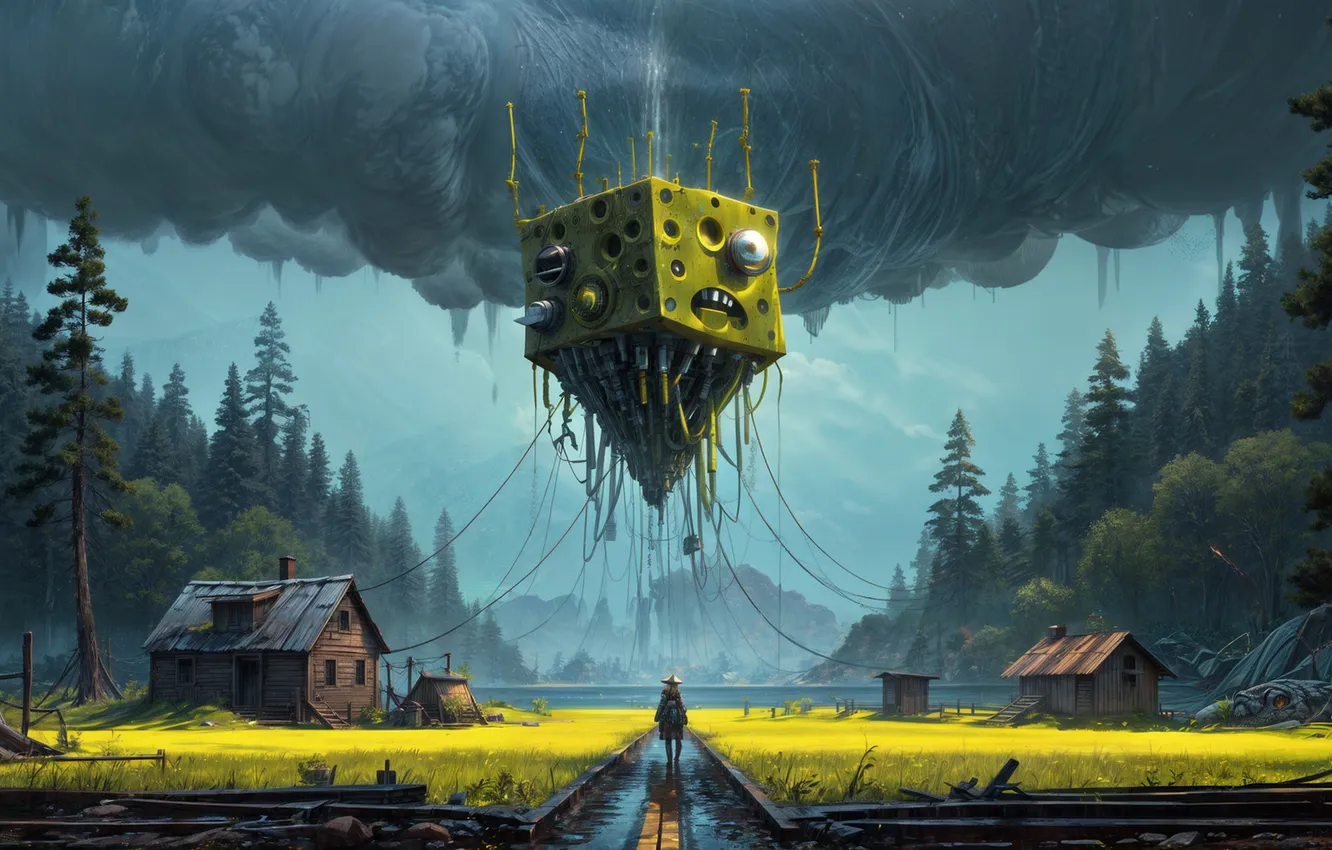 Photo wallpaper street, robot, squares, Spongebob