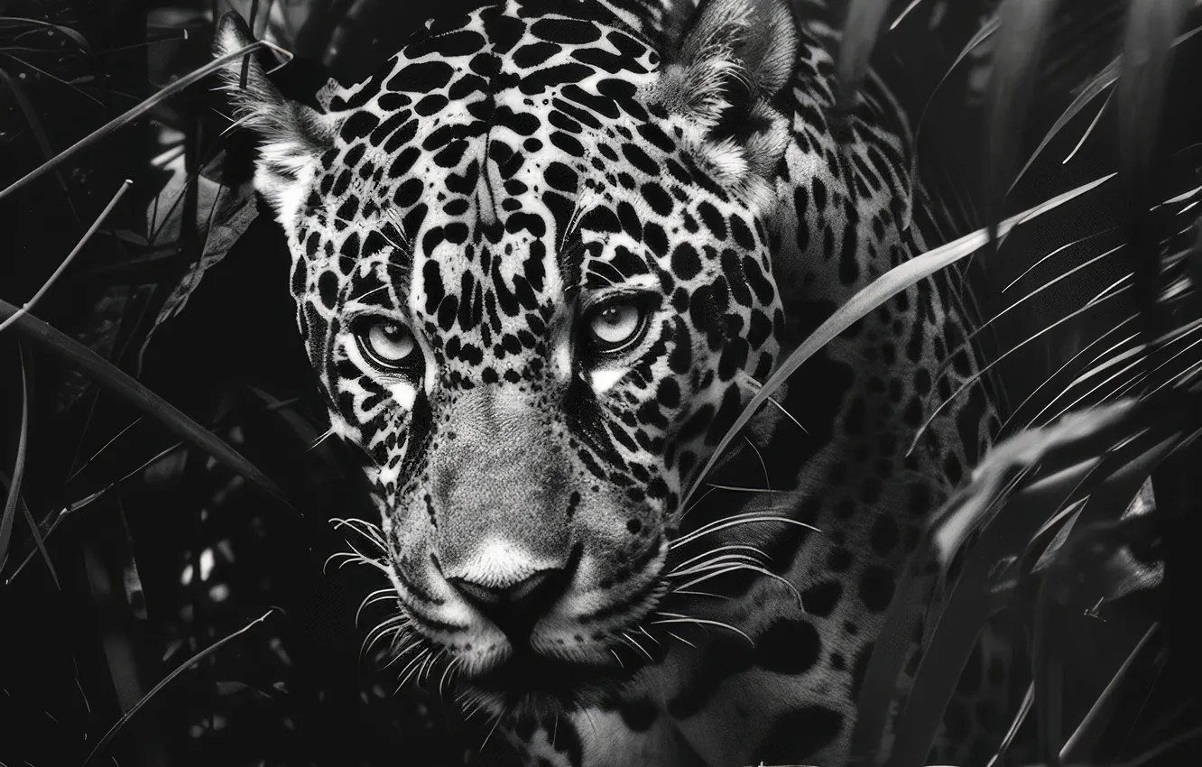 Photo wallpaper Look, Leaves, Jaguar, Face, Predator, Digital art, Black and white, Big cat