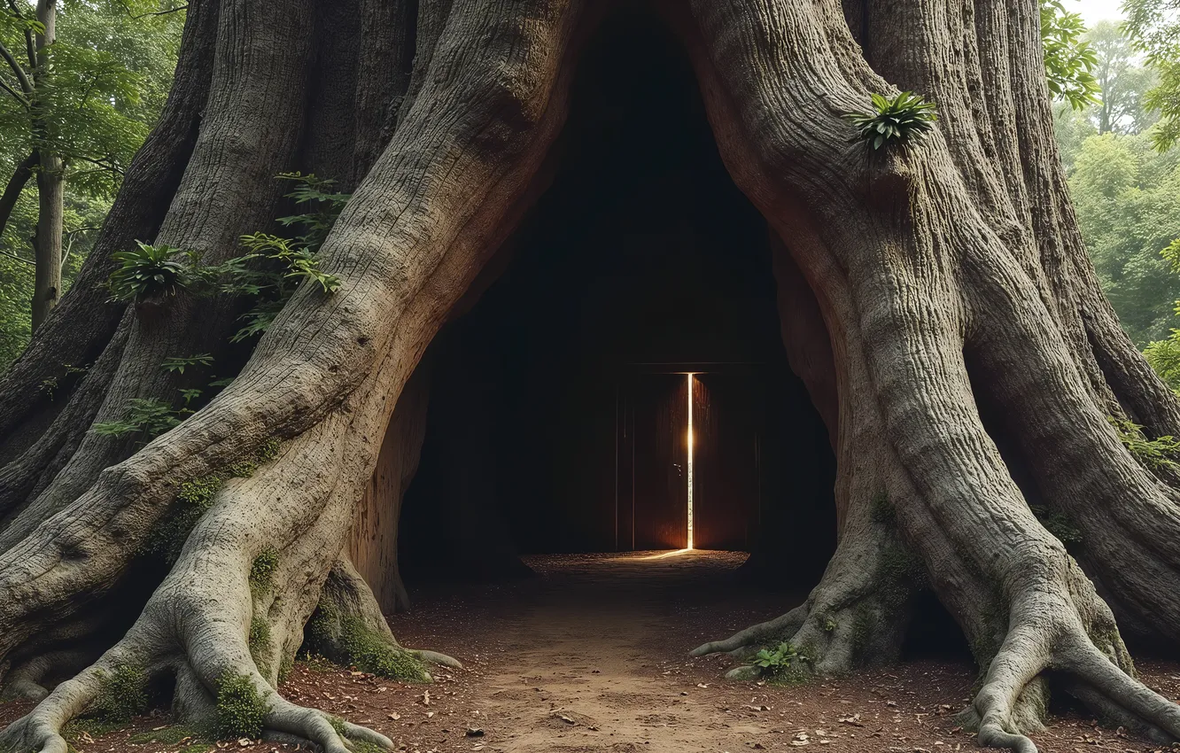 Photo wallpaper trees, roots, paws, the hollow, AI art, neural network