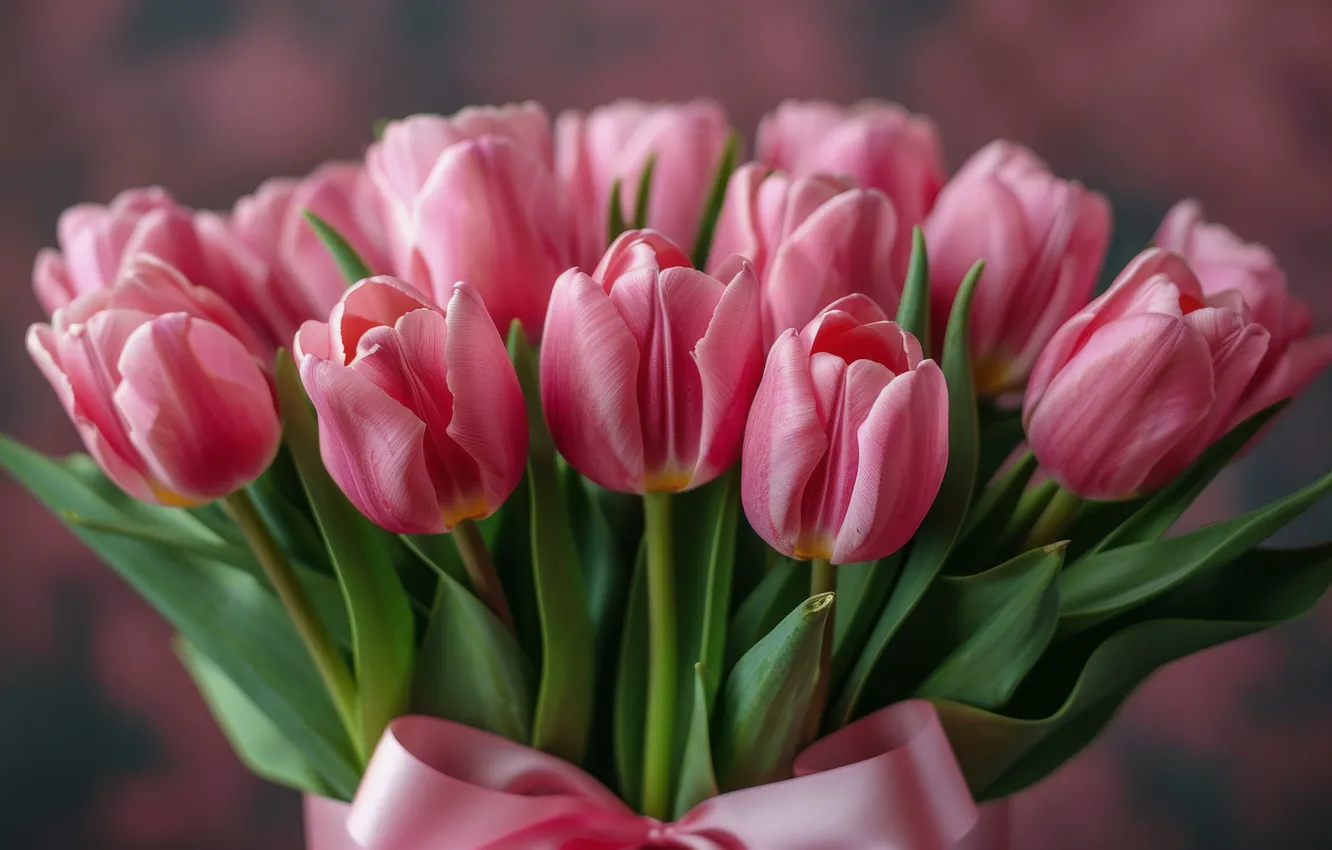 Photo wallpaper flowers, holiday, bouquet, spring, tulips, pink, bow, AI art