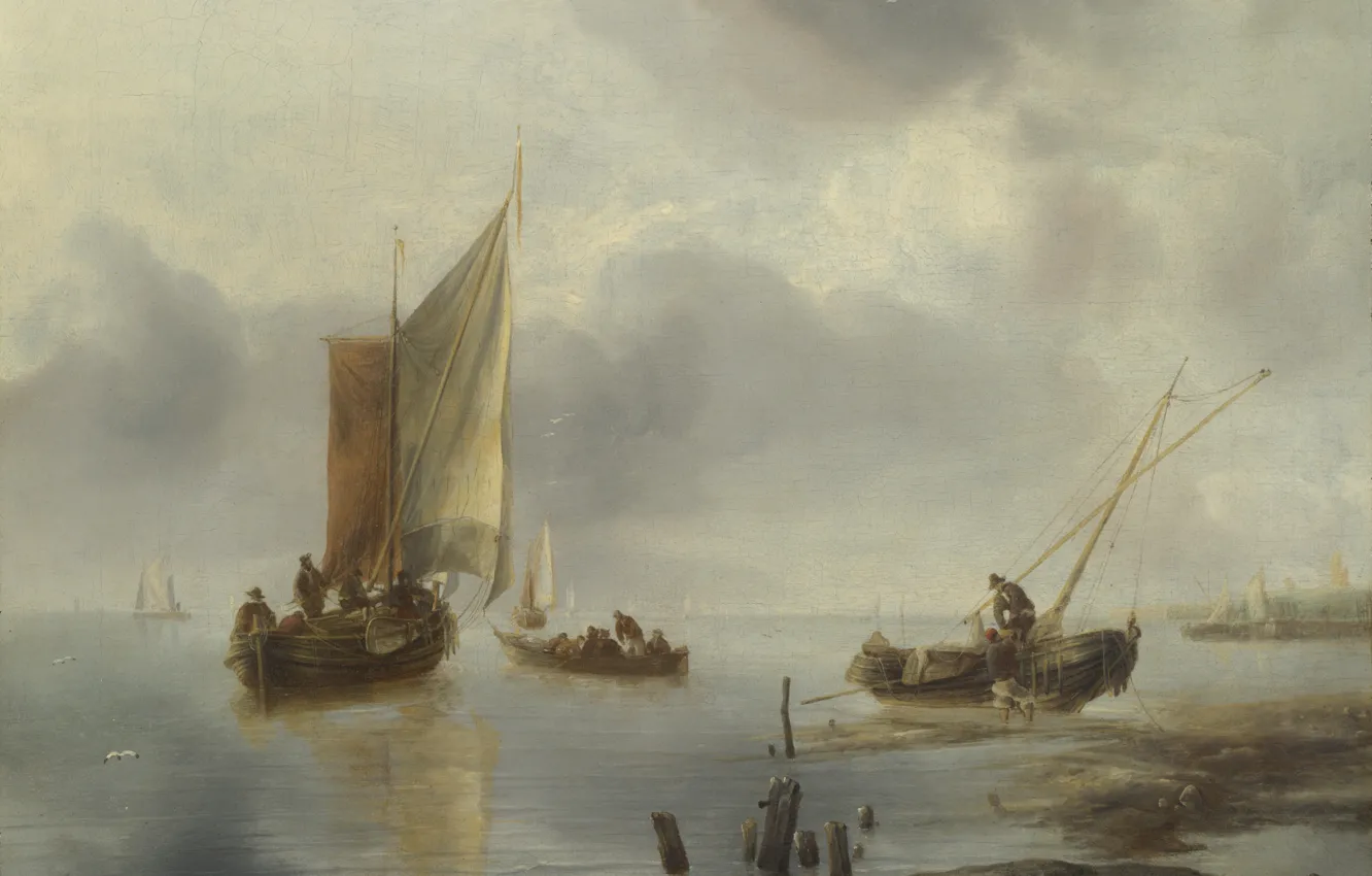 Photo wallpaper picture, sail, Jan van de Cappelle, Jan van Kappel, The small ship gently in the …