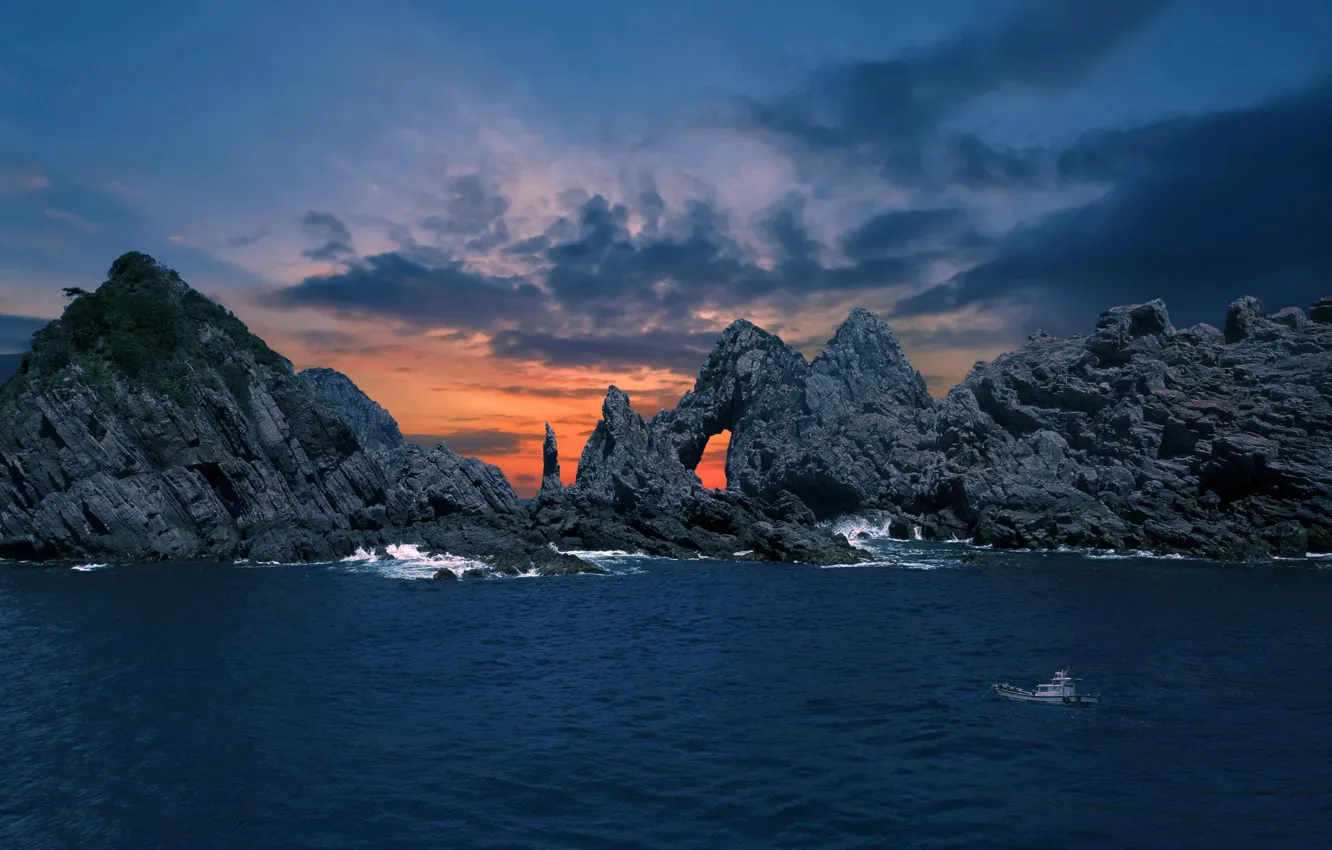 Photo wallpaper sea, landscape, sunset, clouds, nature, rocks, boat, Korea