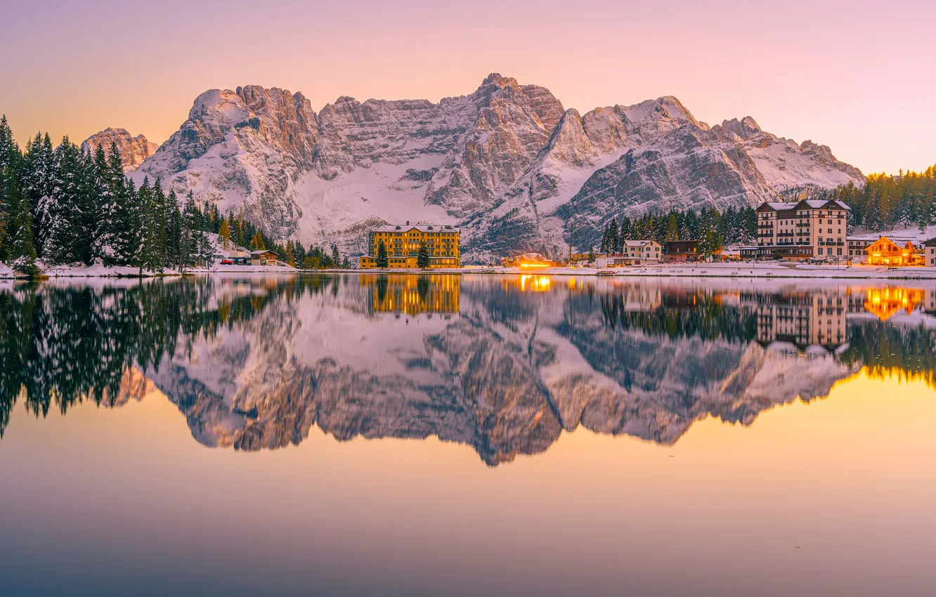 Photo wallpaper winter, forest, the sky, snow, trees, sunset, mountains, lights