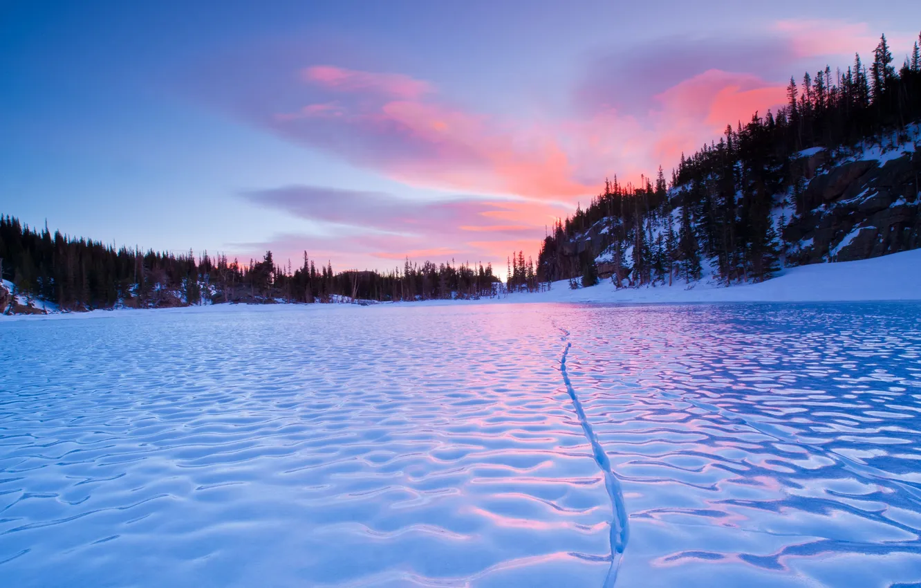 Photo wallpaper ice, forest, the sky, clouds, landscape, sunset, nature, lake