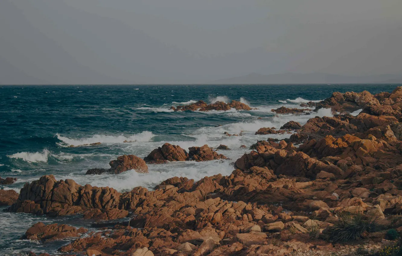 Photo wallpaper sea, wave, stones, rocks, shore, island, tide, reefs
