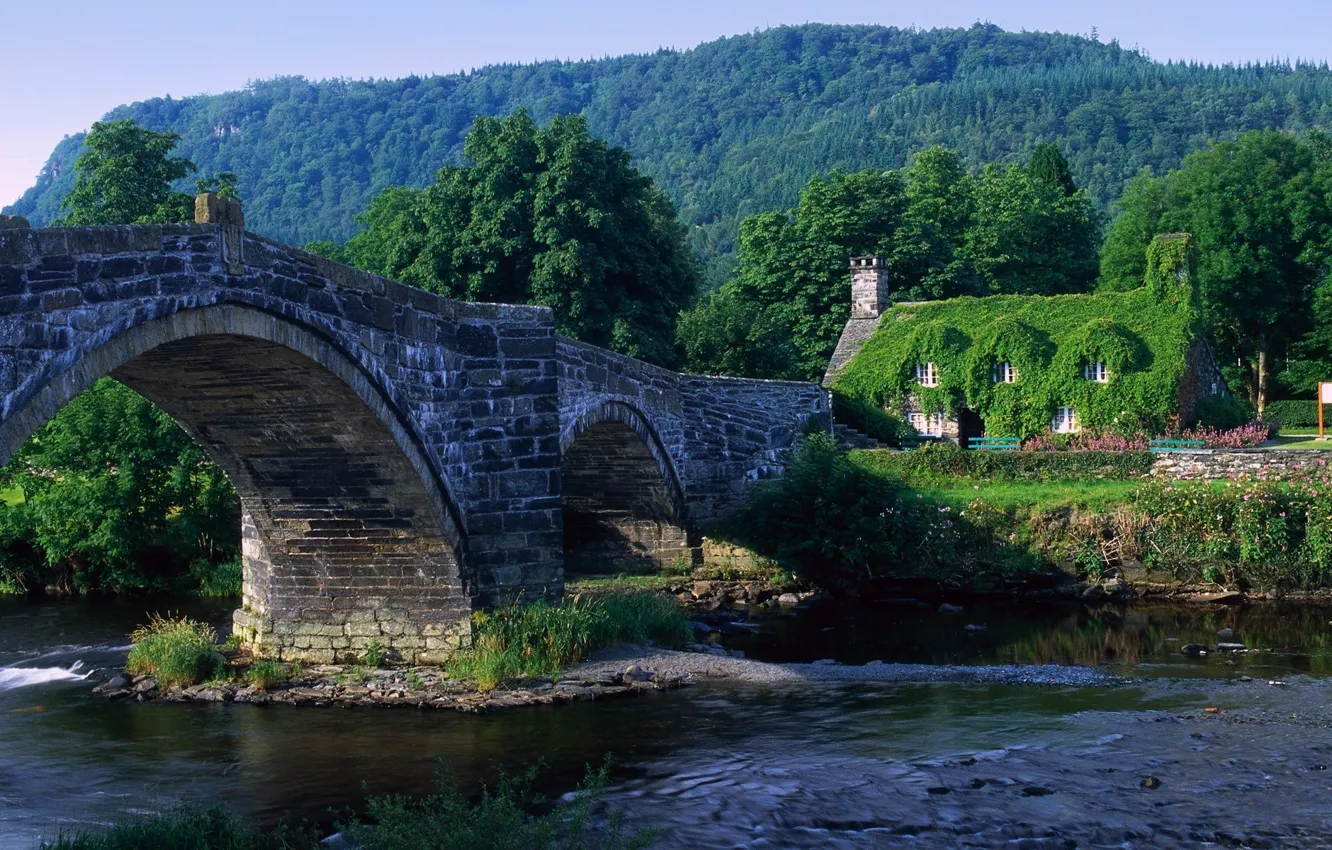 Photo wallpaper bridge, house, river