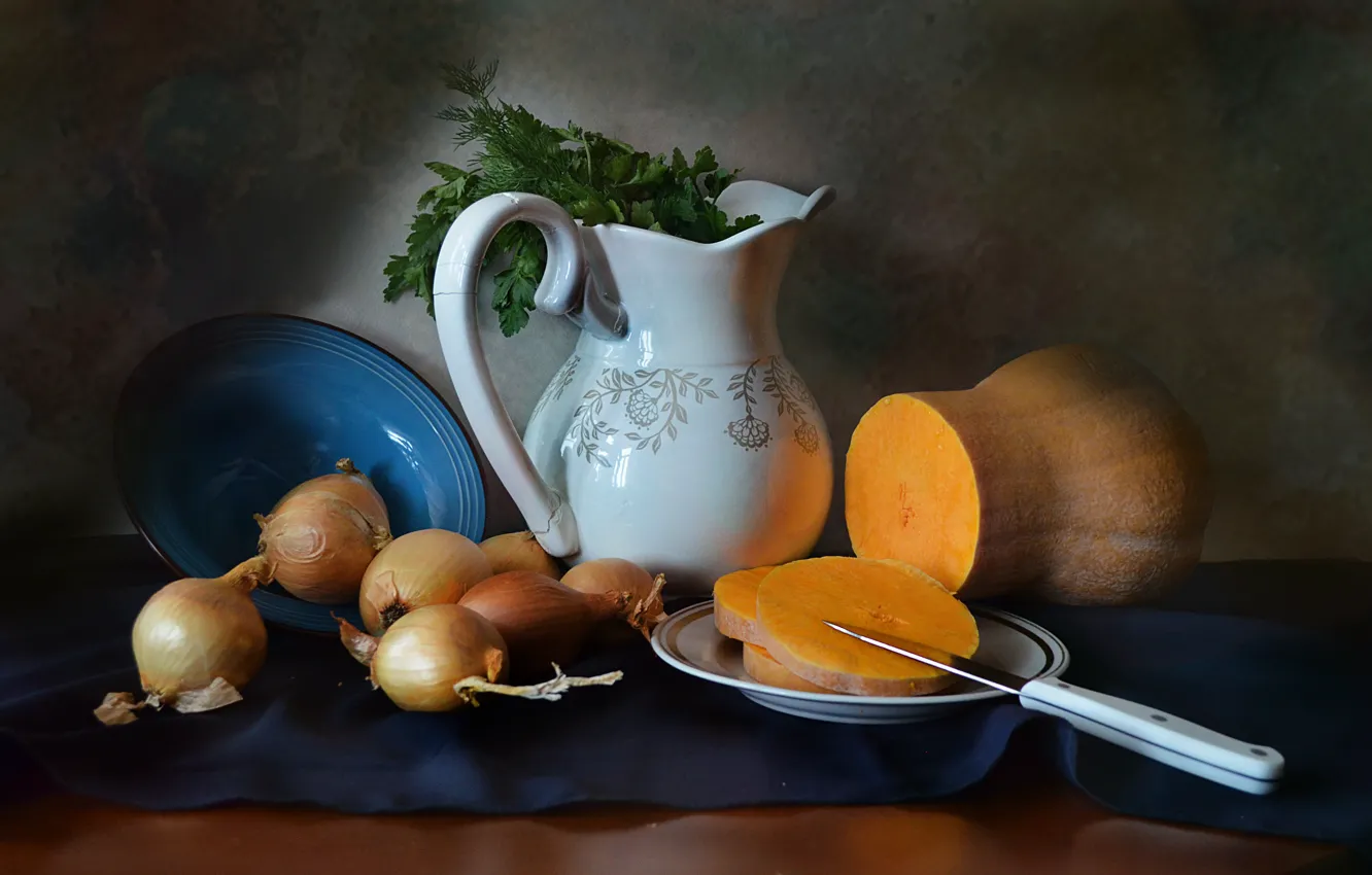 Photo wallpaper table, bow, plate, knife, dishes, pumpkin, still life, vegetables