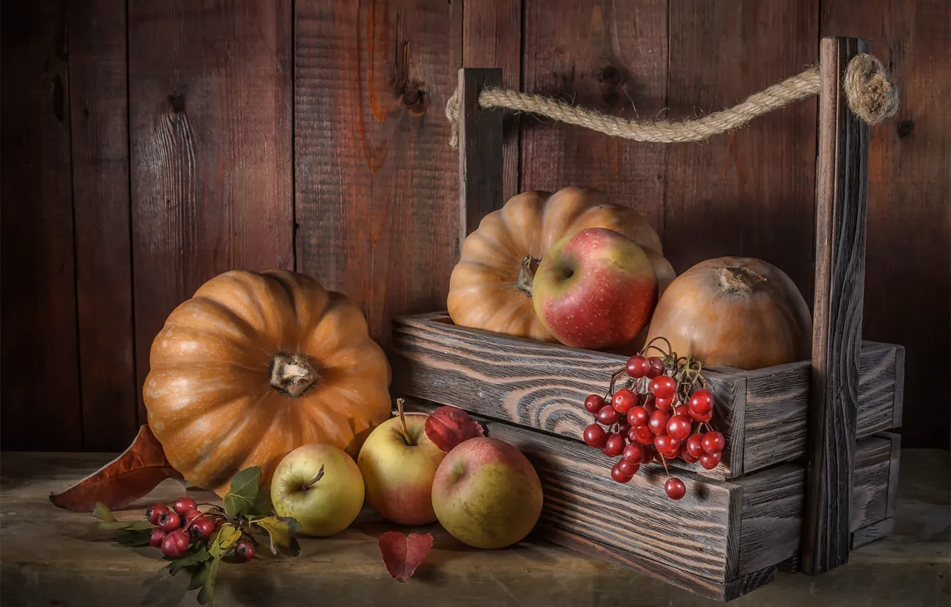 Photo wallpaper autumn, berries, table, Board, rope, pumpkin, fruit, still life