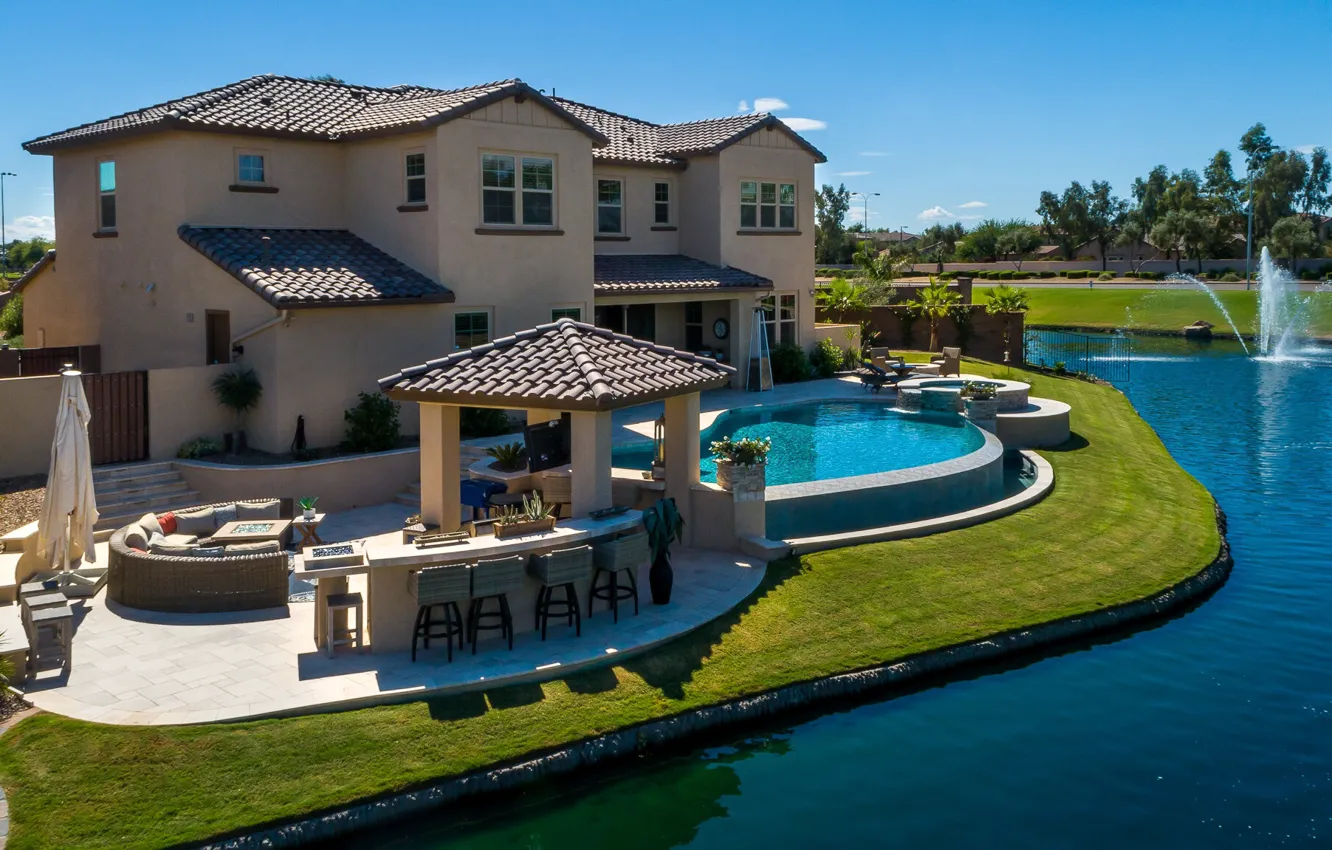 Photo wallpaper river, Villa, pool, architecture, mansion, terrace