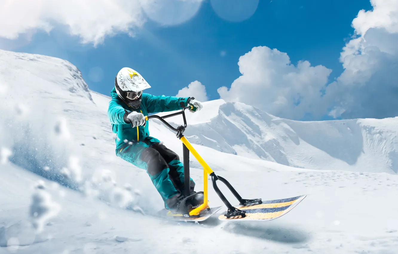 Photo wallpaper winter, clouds, snow, mountains, sport, guy, Extreme winter sports, Snow Scooter