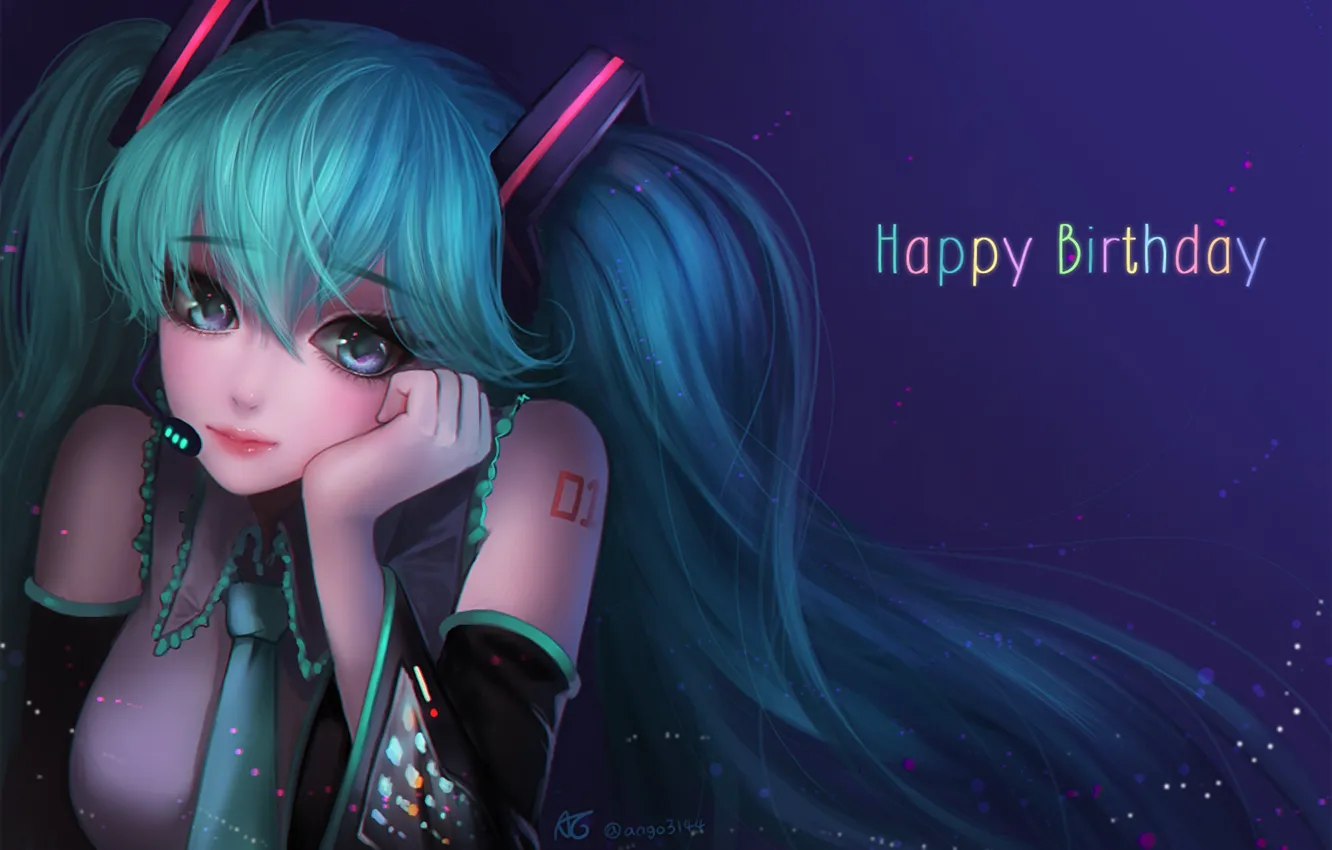 Photo wallpaper girl, smile, anime, microphone, vocaloid, hatsune miku