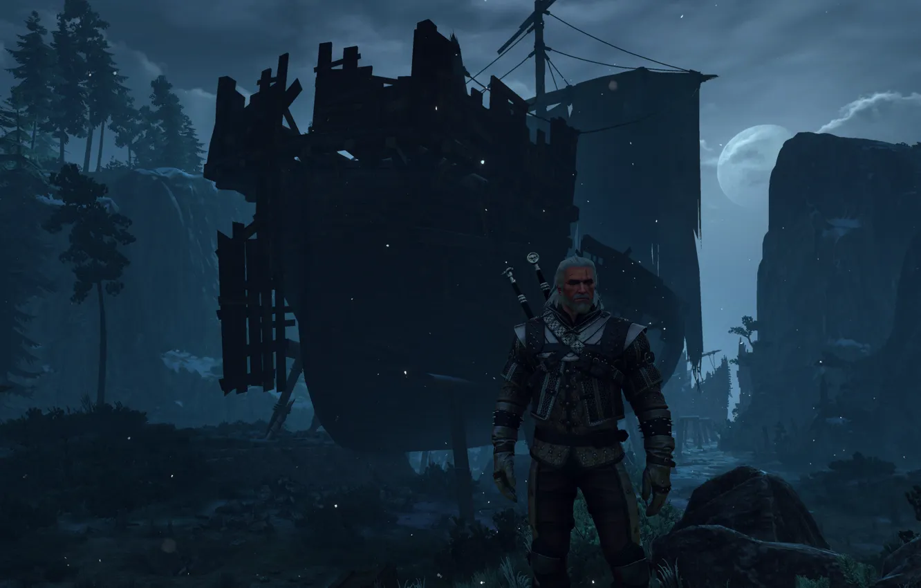 Photo wallpaper night, ship, The Witcher, witcher 3