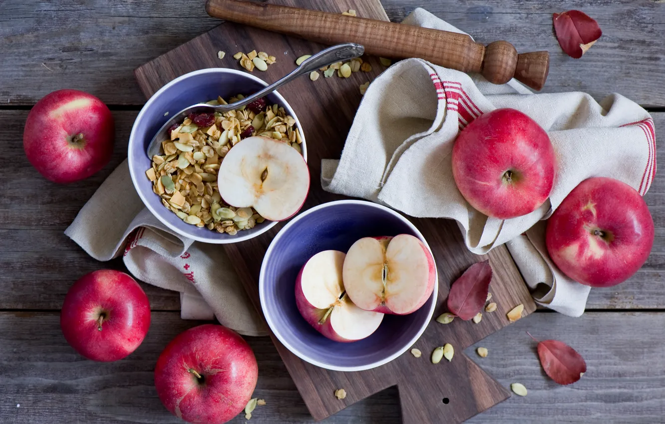 Photo wallpaper apples, food, Breakfast, plates, fruit, granola