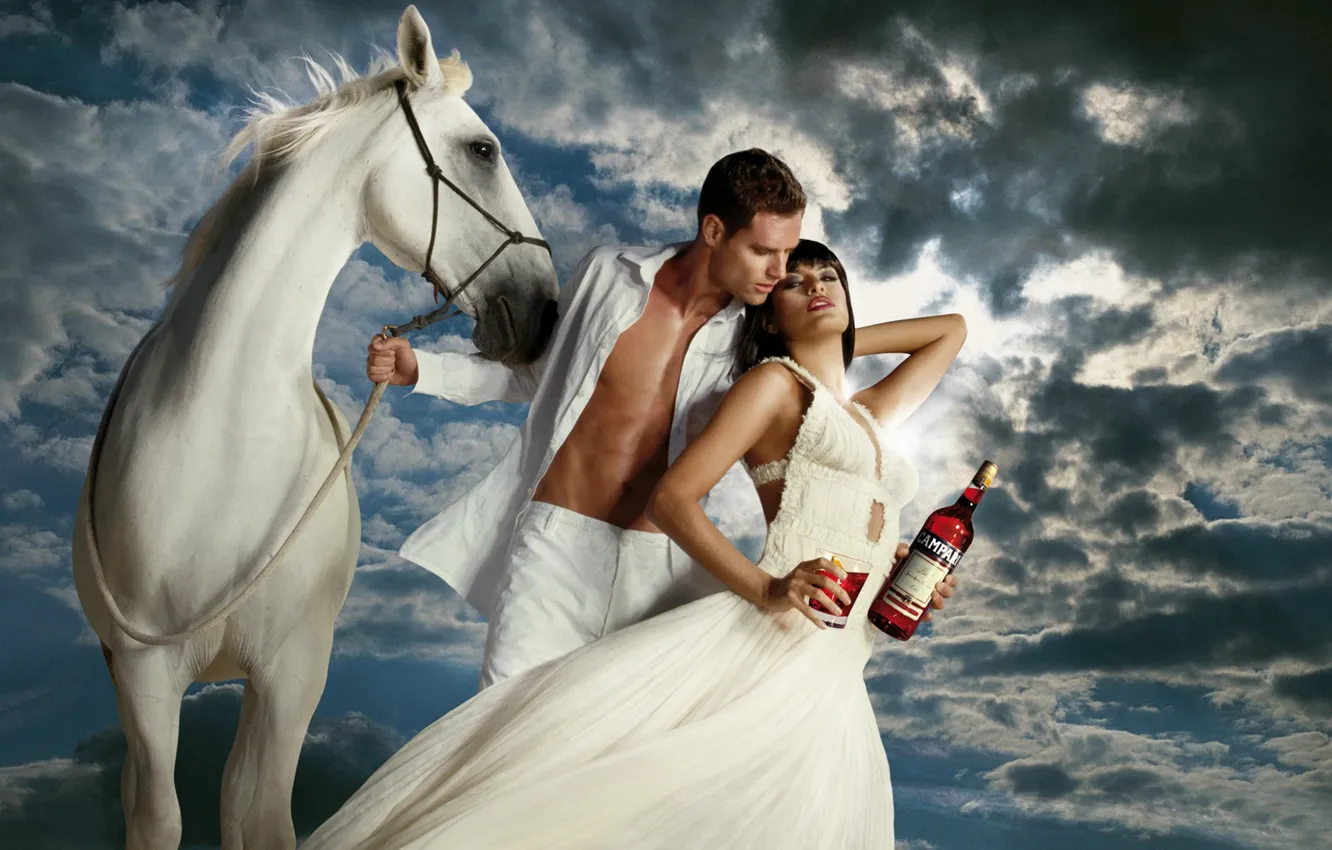 Photo wallpaper white, horse, woman, actress, Eva Mendes, male, Eva Mendes, Campari