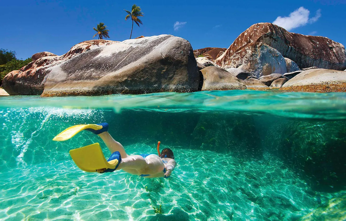 Photo wallpaper the ocean, shore, sport, woman, tube, fins, snorkeling, scuba diving