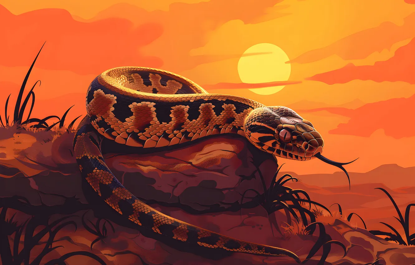 Photo wallpaper language, look, the sun, stones, animal, dawn, snake, art