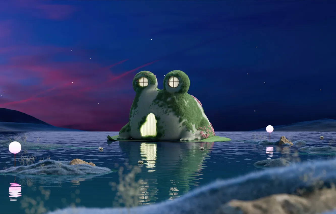 Photo wallpaper fantasy, night, lake, starry sky, Aesthetic, Dreamlike, Frog house