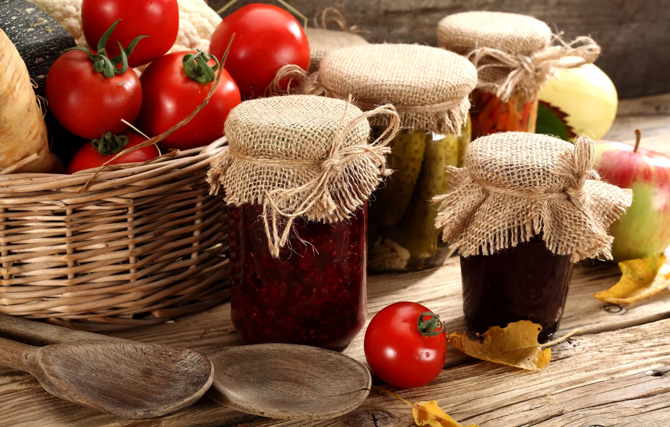Photo wallpaper basket, apples, jars, banks, fruit, vegetables, tomatoes, jam
