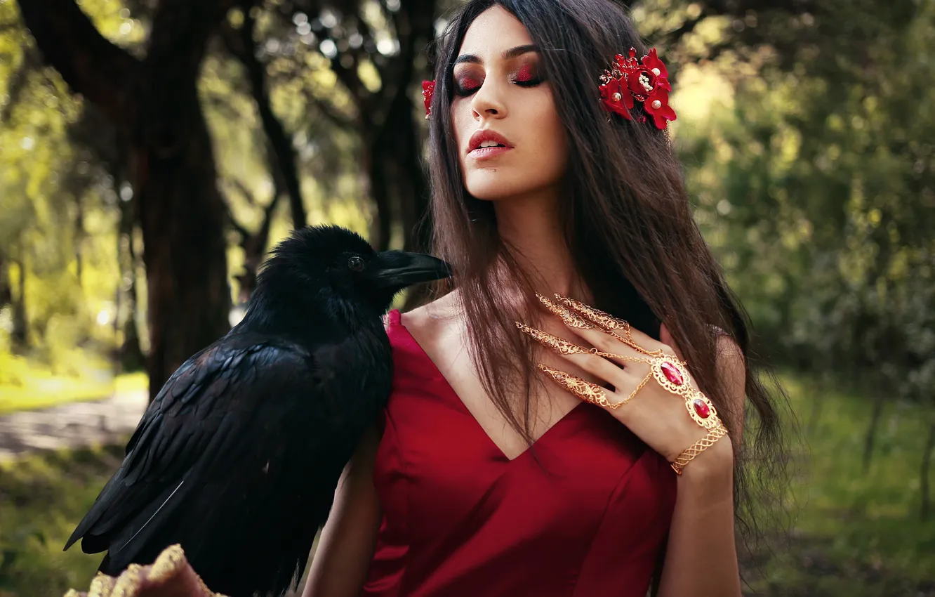 Photo wallpaper forest, girl, decoration, style, Park, bird, hands, brunette