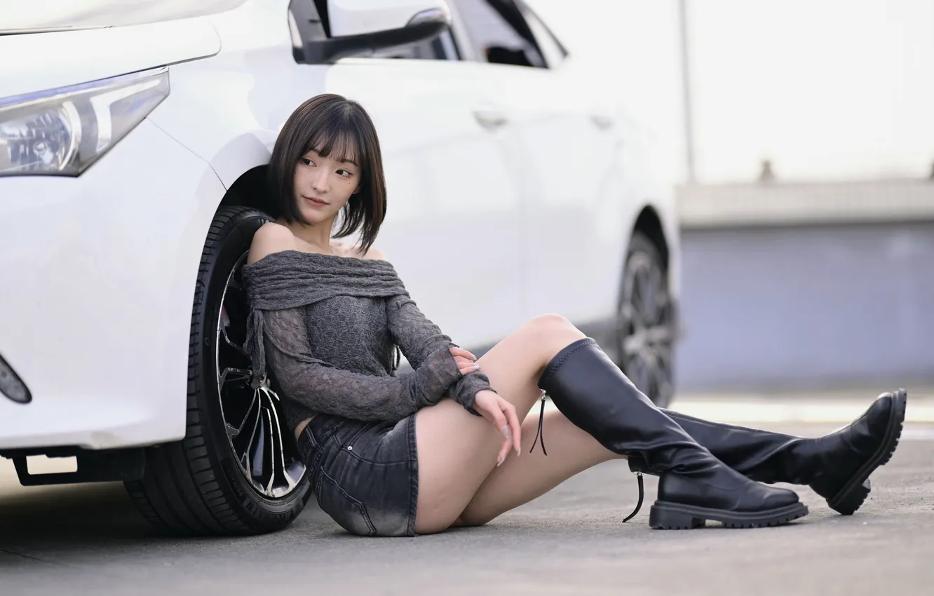 Photo wallpaper girl, skirt, boots, blouse, legs, Asian