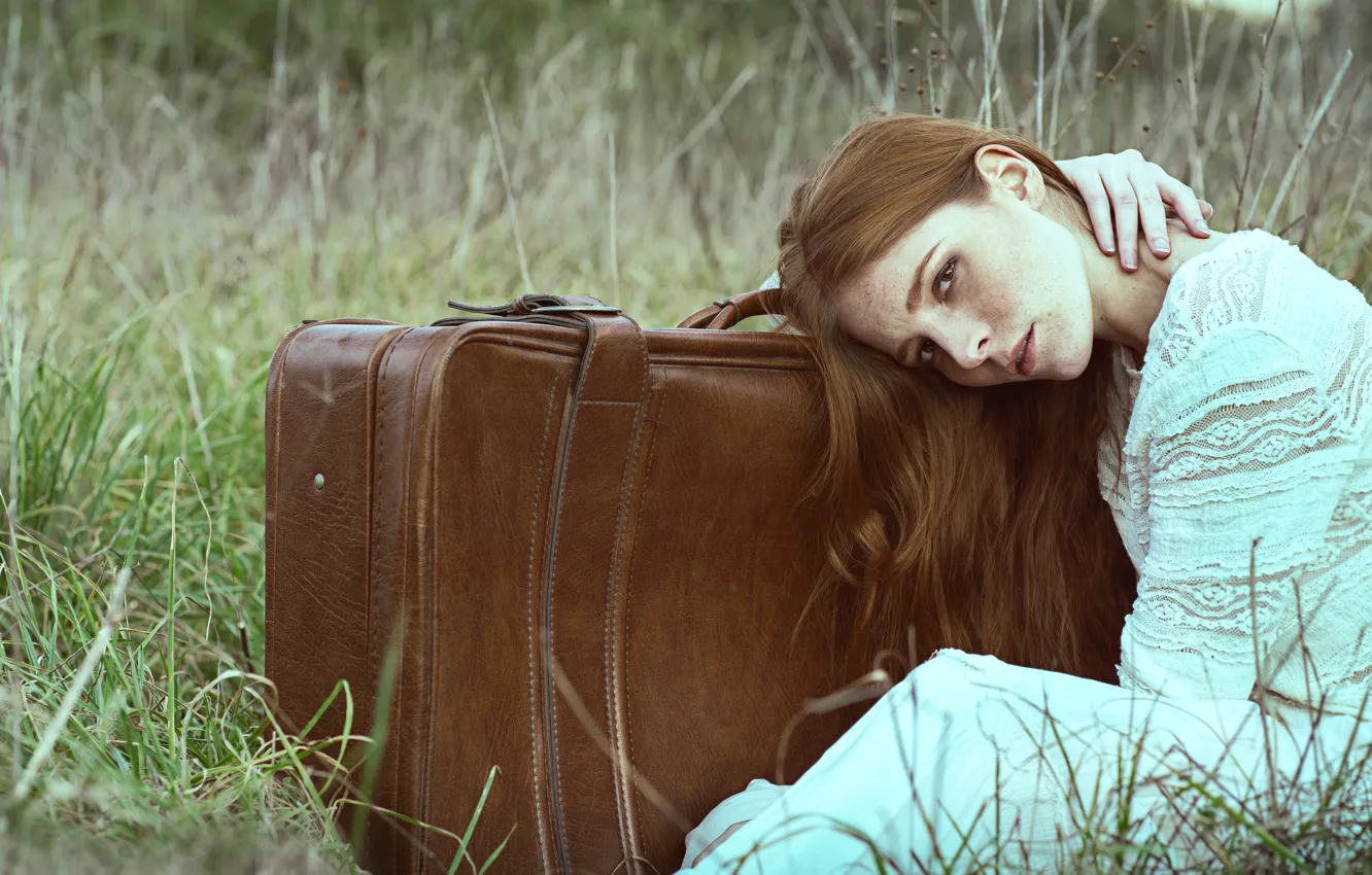 Photo wallpaper grass, girl, suitcase