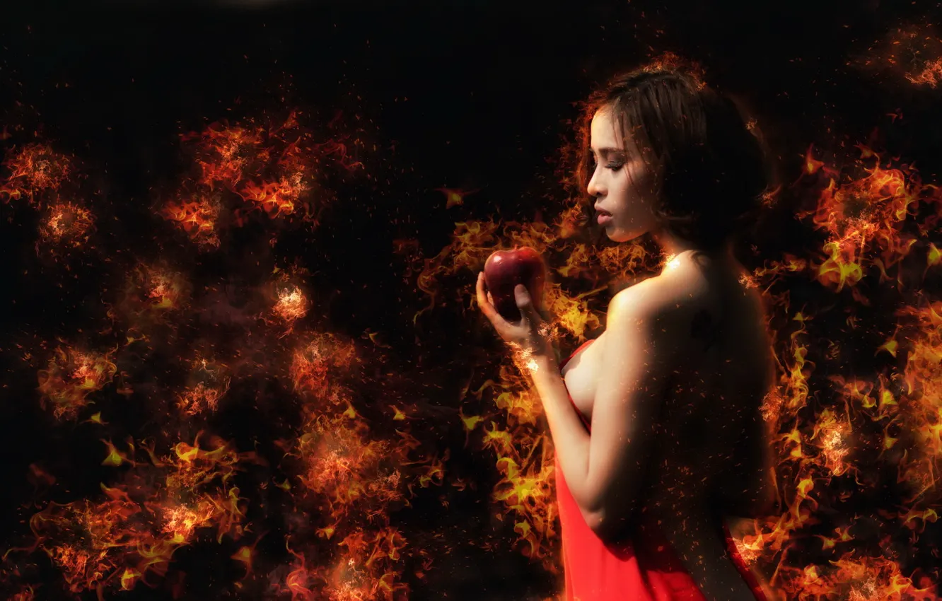 Photo wallpaper girl, lights, apples
