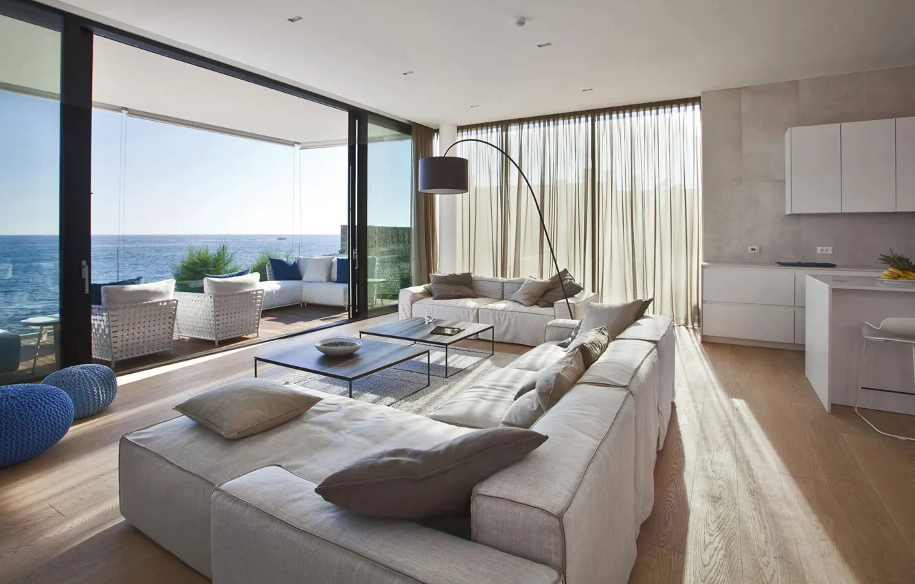 Photo wallpaper design, style, interior, kitchen, sea view, terrace, Croatia, living room