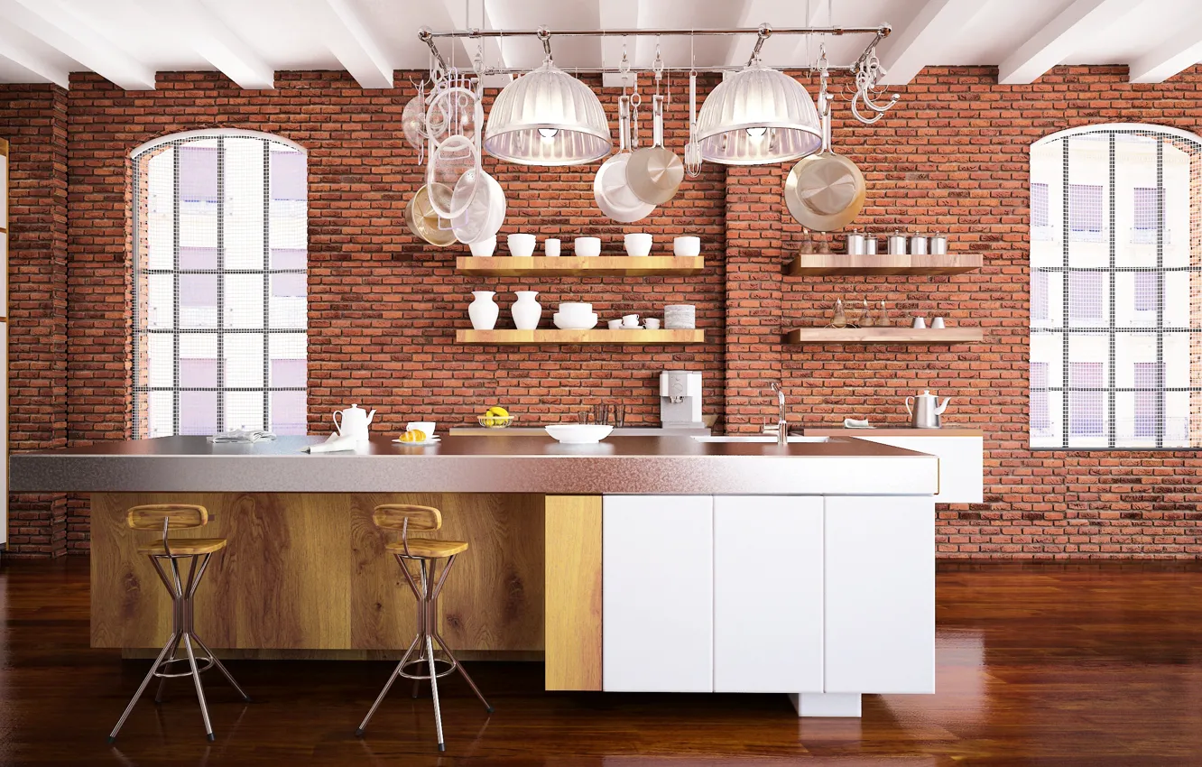 Photo wallpaper style, table, wall, interior, brick, window, kitchen, dishes