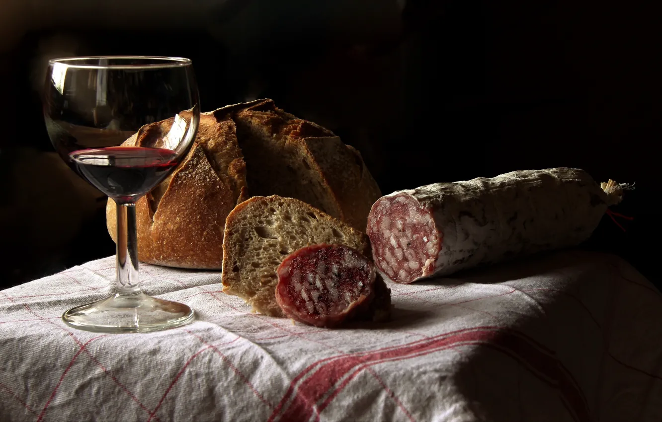 Photo wallpaper wine, glass, bread, sausage