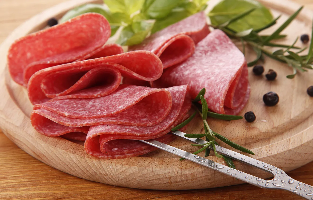 Photo wallpaper Board, sausage, spices