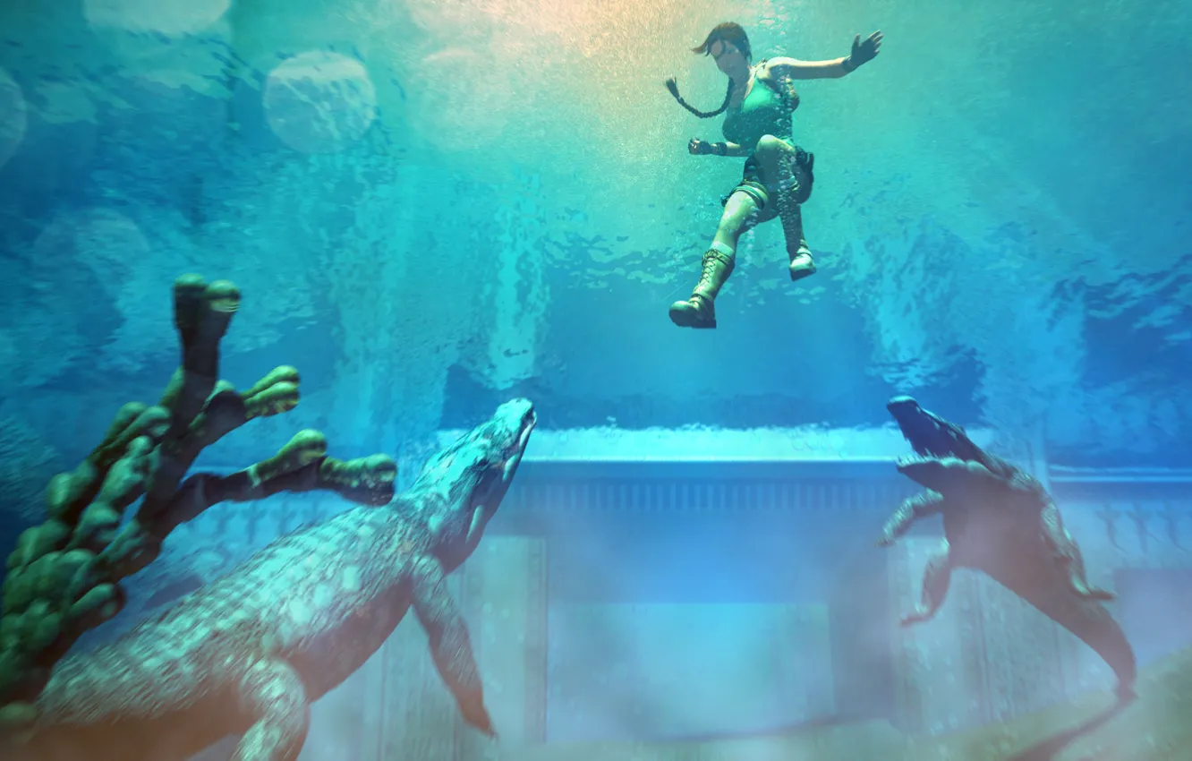 Photo wallpaper water, gun, crocodile, art, braid, Tomb Raider, Lara Croft, the rays of the sun